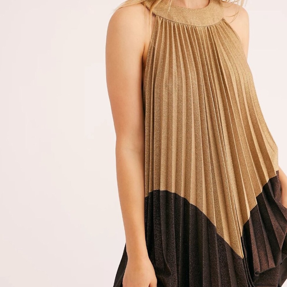 Free People Pleated Love Mini Dress Gold/Brown Size Small NWT